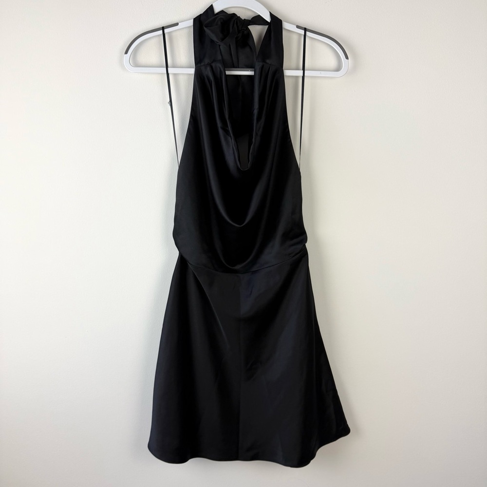 NWT Abercrombie Cowl Neck Halter Mini Dress Black Satin - Picture 2 of 6